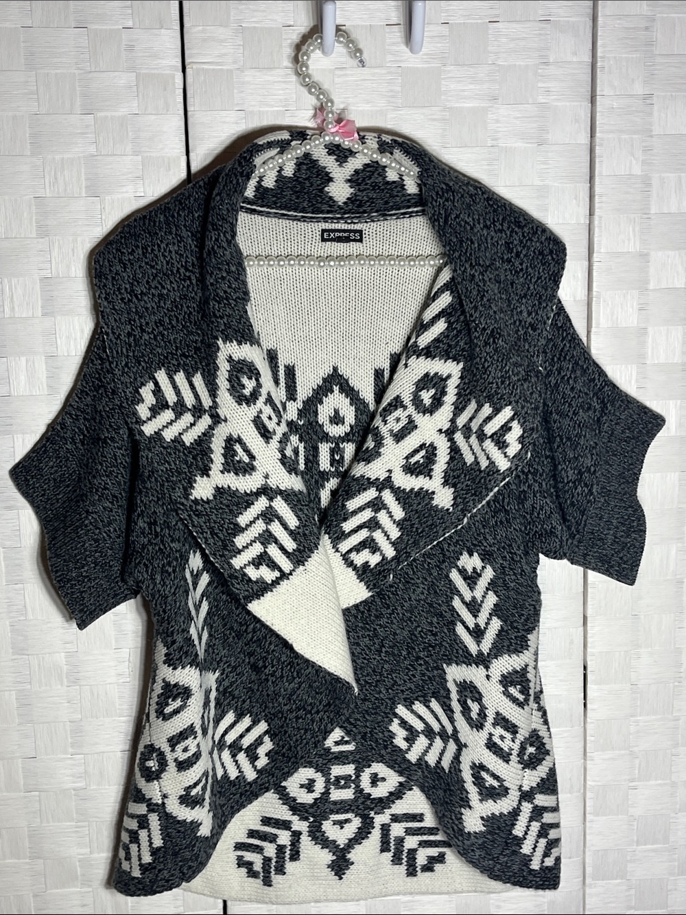 Express Black & White Patterned Open-Front Cardigan